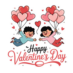 Whimsical illustration featuring kids flying with heart-shaped balloons and a Happy Valentine's Day banner. Perfect for romantic or Valentine-themed designs.