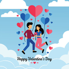 lustration of a couple embracing in the clouds, surrounded by heart-shaped balloons and symbols of love, celebrating Valentine's Day in a romantic and whimsical setting.