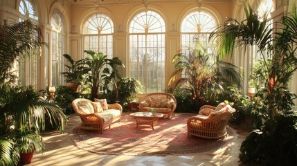Fototapeta premium A bright and airy sunroom with light furniture, pastel tones, and lots of greenery. --chaos 20