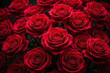 Dense cluster of red roses with detailed petals on dark green
