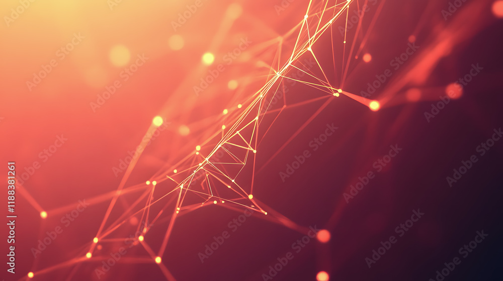 Poster abstract geometric network background with glowing nodes and connecting lines in warm color tones cr