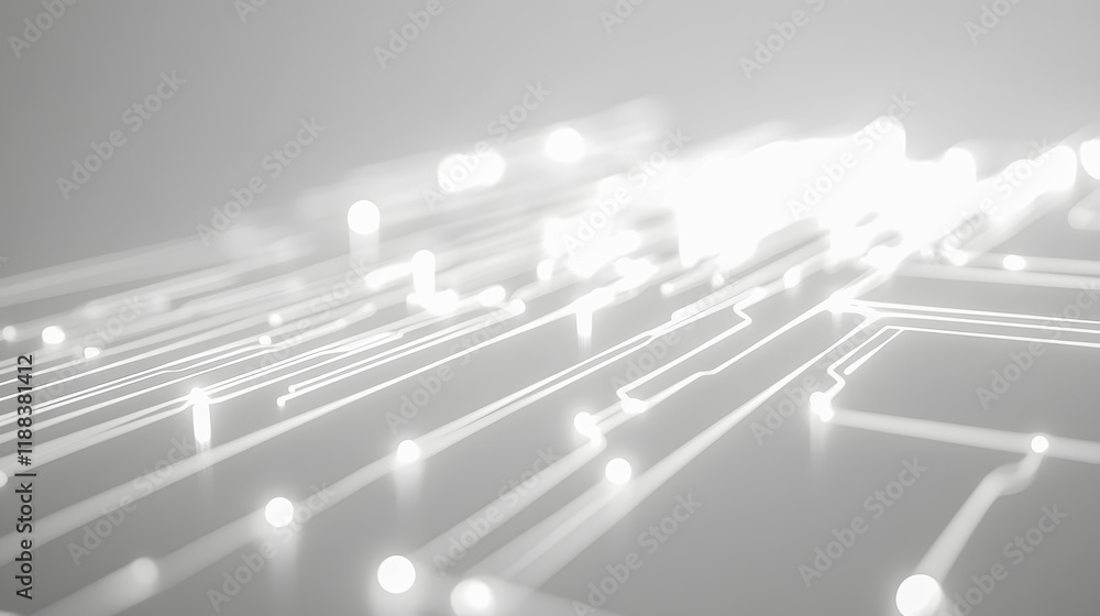 Poster abstract image of glowing lines and circuits on a light background, representing technology, innovat