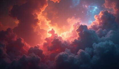 Fototapeta premium an image of a vibrant, interstellar nebula with swirling clouds of gas and dust in hues of red, orange, and blue. Include bright stars scattered throughout, creating a sense of cosmic wonder and awe.