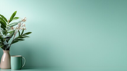 Soft Mint Pastel Wallpaper with Vase and Cup on Table