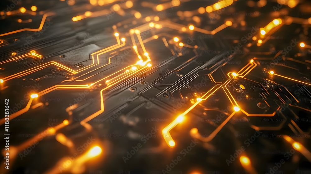 Poster close-up view of a futuristic circuit board with illuminated lines and technology background for dig