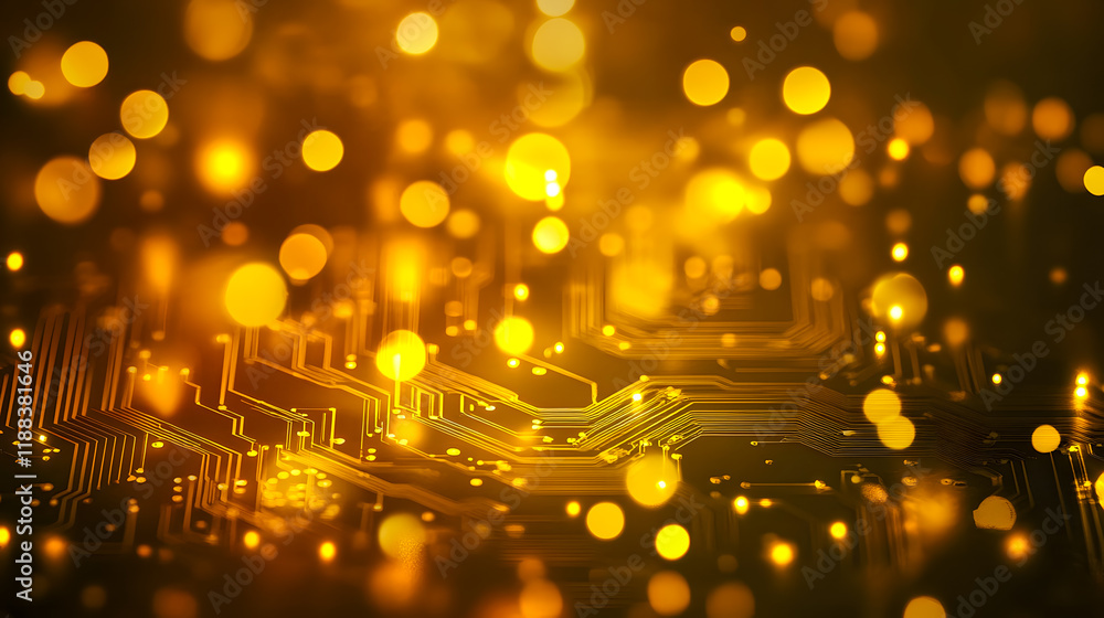 Aufkleber abstract technology background with golden bokeh lights and circuit patterns creating a dreamy, futu