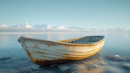 Old rowboat on shore, snowy mountains background, tranquil lake scene.