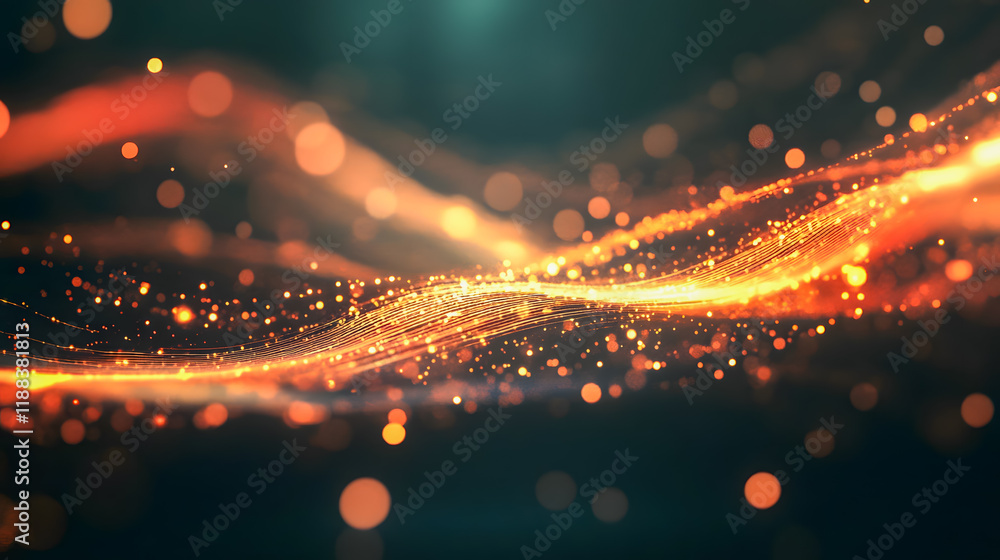 Poster abstract flow of light particles with warm orange glow on dark background for creative projects and 