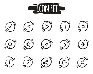 Black and white set of round buttons with symbols, arrows, signs and shapes. Simple hand drawn icons for website, banner, app design