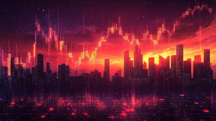 Fototapeta premium A digital cityscape with a vibrant sunset and financial chart overlay, symbolizing growth and technology.