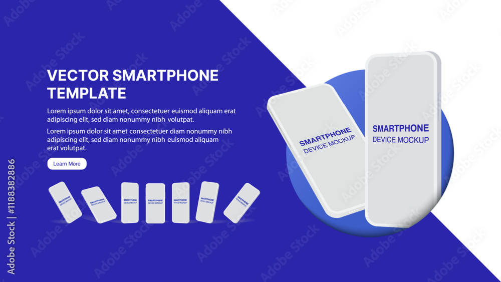 Poster realistic 3d smartphone vector mockup in circle: blank screen mobile phone and cellphone on blue bac