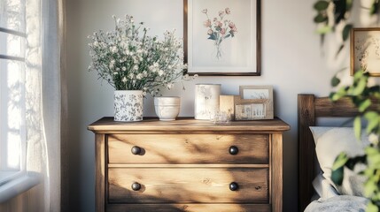 A wooden commode styled with Scandinavian ceramics and framed art. --chaos 20