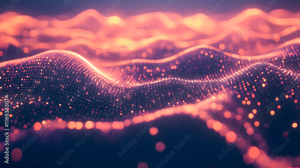 Poster abstract digital landscape with glowing particles creating waves of light in a mesmerizing gradient 