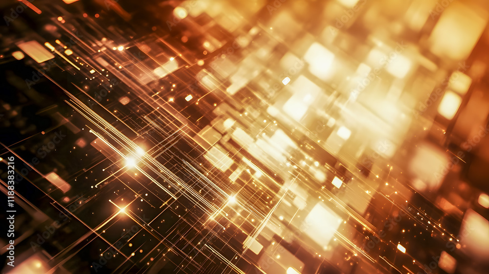 Poster abstract sparkling golden light background with dynamic glowing squares and lines creating a sense o