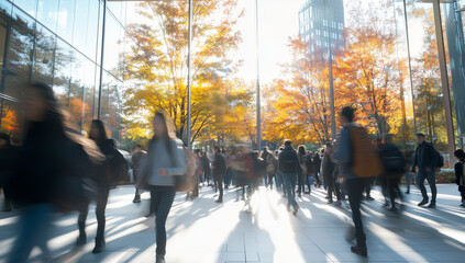 Obraz premium A realistic shot of a group of students walking in the entrance area at different times, passing through glass doors and entering a modern university building with tall ceilings