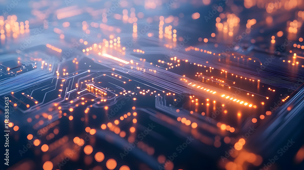 Poster abstract glowing circuit board with intricate patterns and vibrant lights creating a technological a