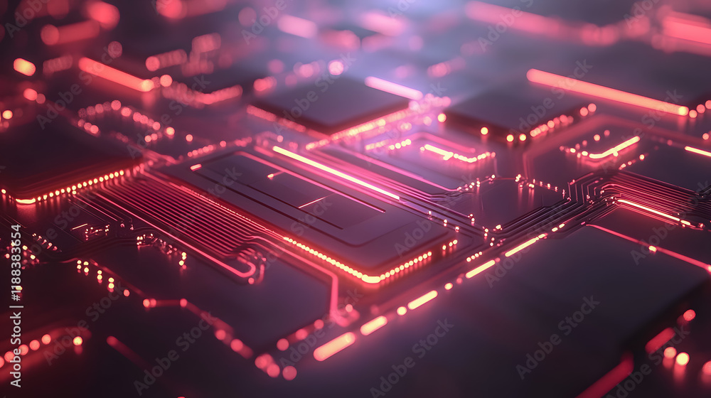 Poster close-up view of an abstract circuit board with glowing red led lights on a dark background for tech