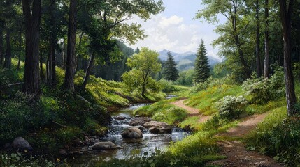Fototapeta premium Tranquil Forest Scene with Stream Flowing Through Lush Greens