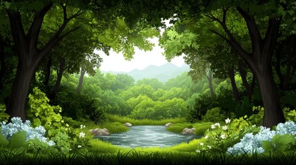 Obraz premium Tranquil Forest Scene with a Gentle Stream Flowing Through Lush Greenery