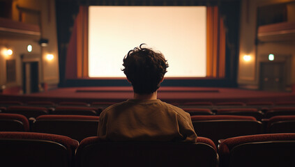 A person is sitting in an empty cinema, watching the movie on a large screen. The back of their head is visible, and they have short hair.