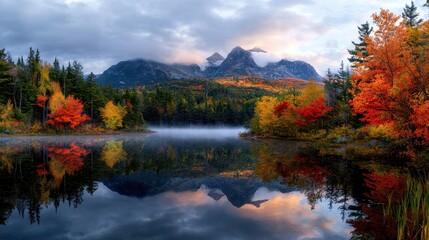 Fototapeta premium Misty Mountain Range Reflected in Serene Autumn Lake Landscape