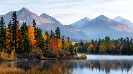 Obraz premium Misty Mountain Range Surrounded by Colorful Autumn Trees