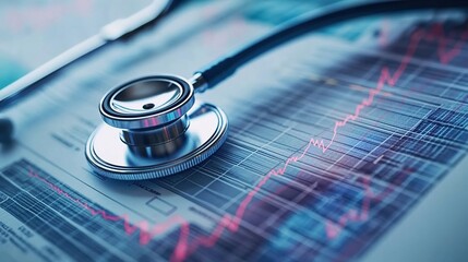  Stethoscope on medical equipment with close-up of chart paper and data curves, symbolizing healthcare or patient care