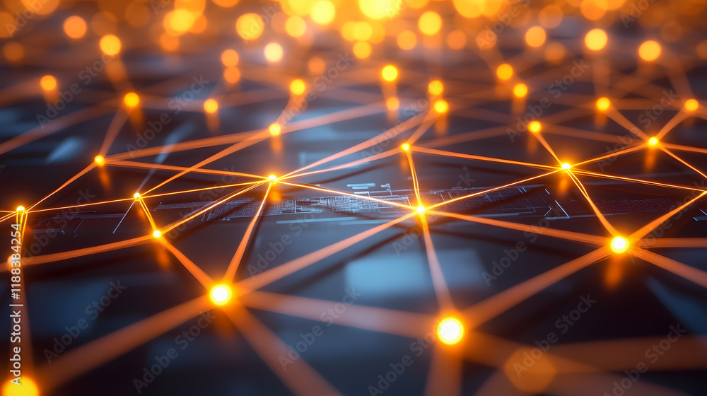 Poster abstract network visualization with glowing orange lines and nodes representing connectivity and dat