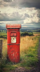 Rustic Red Postbox in a Scenic Countryside Landscape