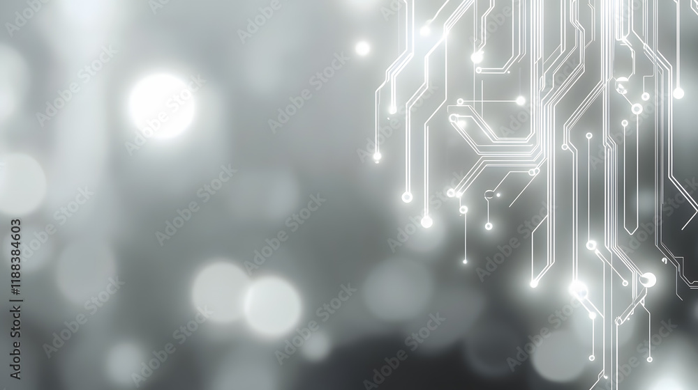 Poster abstract technology background with circuit patterns and bright bokeh lights in gray tones for moder
