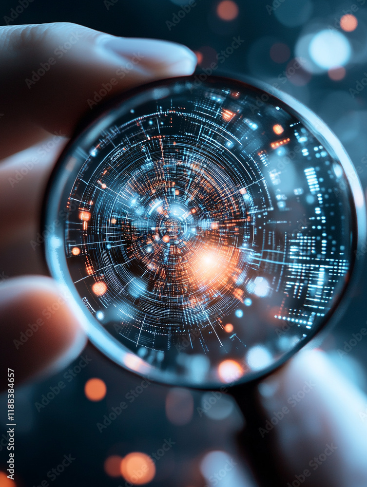 Poster ai generated closeup of hand using magnifying glass to explore data technology environment enhanced 