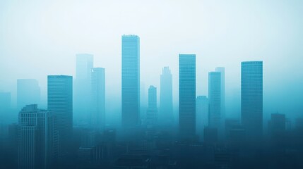 A misty skyline with tall buildings, creating a serene and ethereal atmosphere in a blue-toned urban landscape.