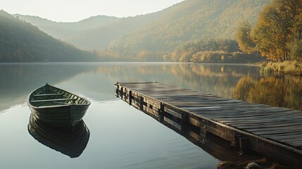 Fototapeta premium Serene Lake Scene with Wooden Dock and Boat