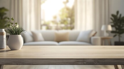 Empty table in blurred living room offers modern product display setup