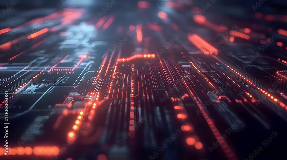 Poster dynamic abstract technology background with glowing red lines and circuit patterns illustrating mode