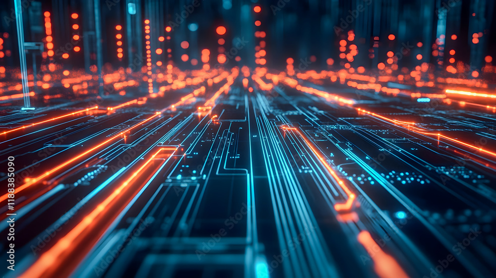 Poster futuristic digital neural network with glowing lines and data flow in blue and orange colors on a ci
