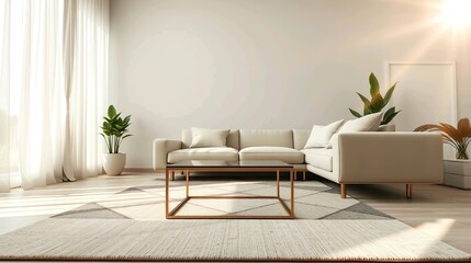 A sleek and modern interior design of a minimalist living room, featuring a neutral color palette of white, gray, and beige with black accents.