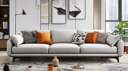 Elegant modern living room interior with a comfortable grey fabric sofa, decorative pillows, and wall art. Soft lighting and warm tones create a cozy home carnival house style. Large windows allow nat