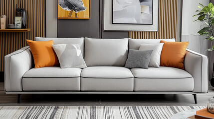 Elegant modern living room interior with a comfortable grey fabric sofa, decorative pillows, and wall art. Soft lighting and warm tones create a cozy home carnival house style. Large windows allow nat