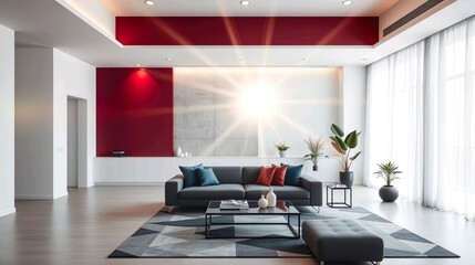 A sleek and modern interior design of a minimalist living room, featuring a neutral color palette of white, gray, and beige with black accents.