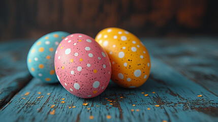Obraz premium Hand drawn Easter eggs placed on a wooden background