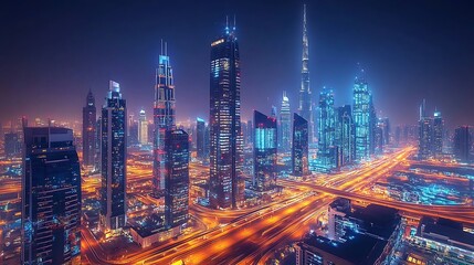 Obraz premium Nighttime cityscape dubai urban photography vibrant environment aerial view