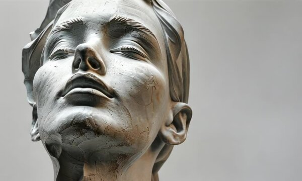 Close-up of white, marble bust sculpture showing woman's face with flowing hair