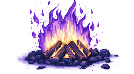 Cartoon vector of a campfire with flames and sparks on a white background, in a cartoon style, with a simple design, flat colors, no shadows, and a white background.
