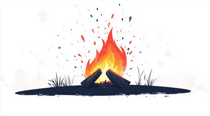 Cartoon vector of a campfire with flames and sparks on a white background, in a cartoon style, with a simple design, flat colors, no shadows, and a white background.