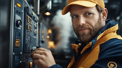 A confident bearded worker in a yellow cap and jacket adjusting a control panel in an industrial setting with steam and focused lighting