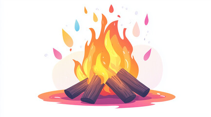 Cartoon vector of a campfire with flames and sparks on a white background, in a cartoon style, with a simple design, flat colors, no shadows, and a white background.