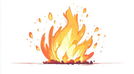 Cartoon vector of a campfire with flames and sparks on a white background, in a cartoon style, with a simple design, flat colors, no shadows, and a white background.