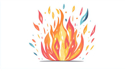 Cartoon vector of a campfire with flames and sparks on a white background, in a cartoon style, with a simple design, flat colors, no shadows, and a white background.