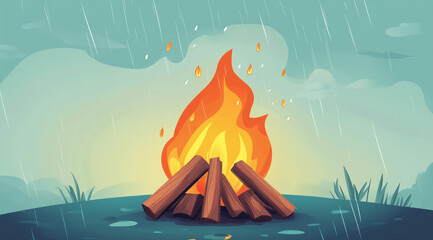 Cartoon vector of a campfire with flames and sparks on a white background, in a cartoon style, with a simple design, flat colors, no shadows, and a white background.